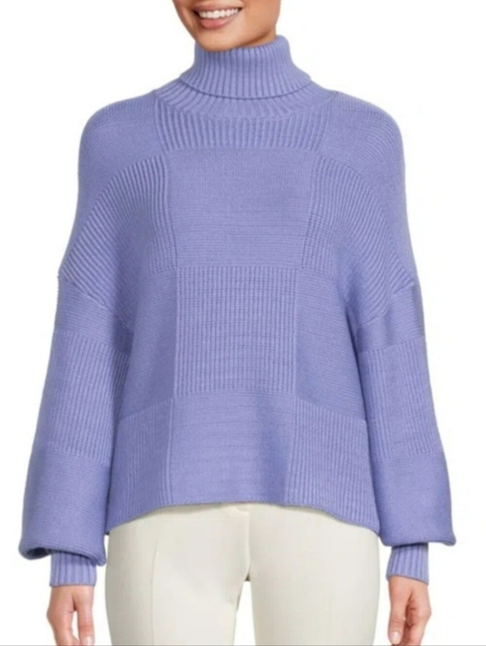 staud benny sweater in periwinkle blue, large vintage 70s patchwork